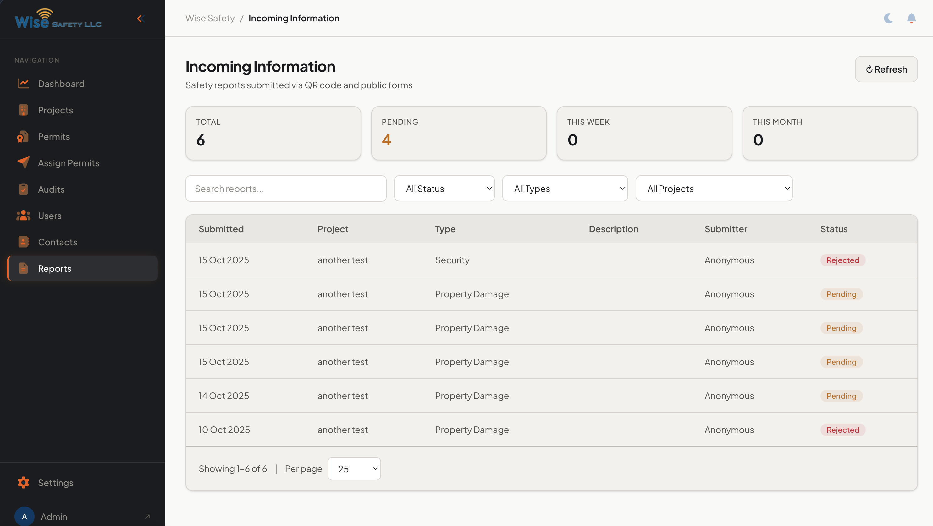Incoming Reports — real-time safety observations from the field